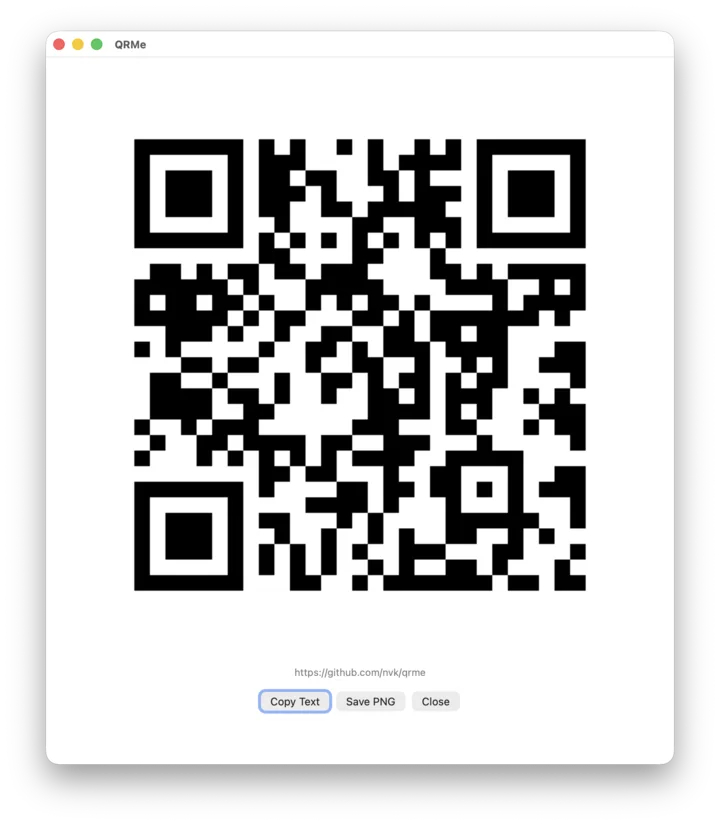 QRMe window displaying a QR code generated from a GitHub URL